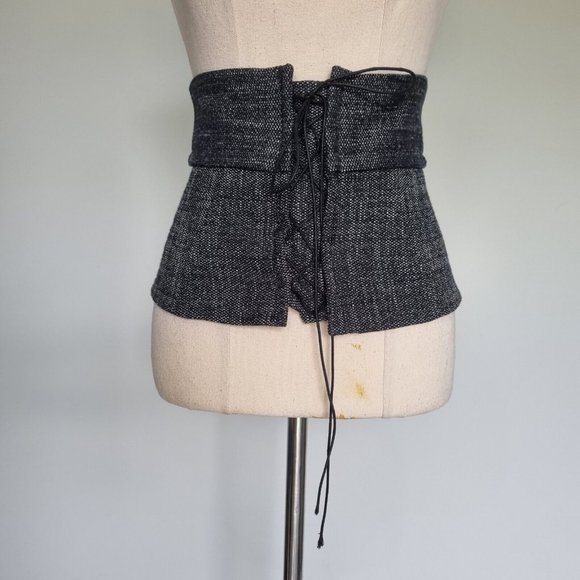 Veronika Maine Black & Grey Tweed Lace Up Cinch Waist Belt Size S - Picture 2 of 7